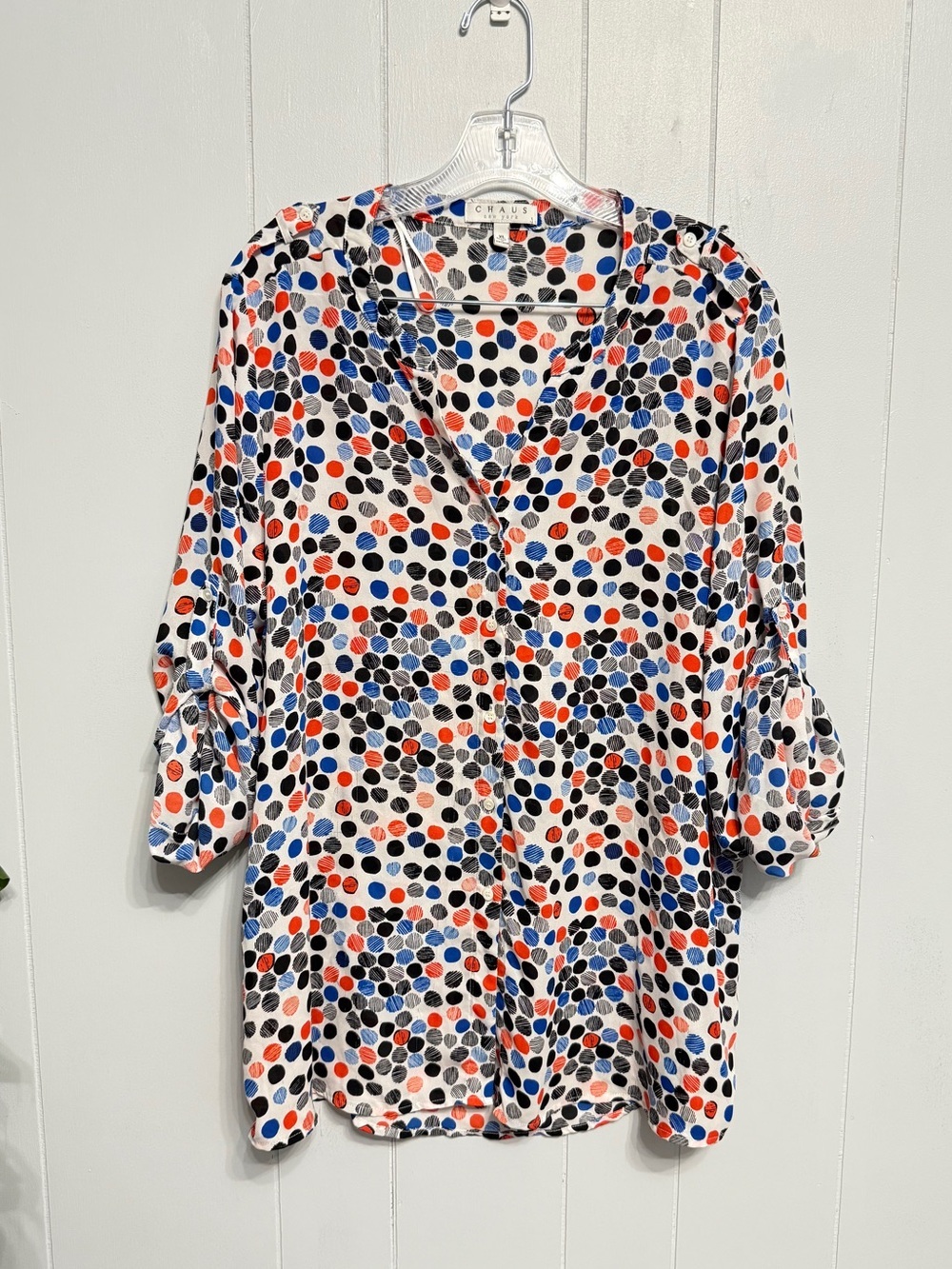 #19) CHAUS Polka Dot V-Neck Blouse with button down